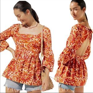 Anthropologie Love the Label Floral Tie-Back Blouse in Melba Orange